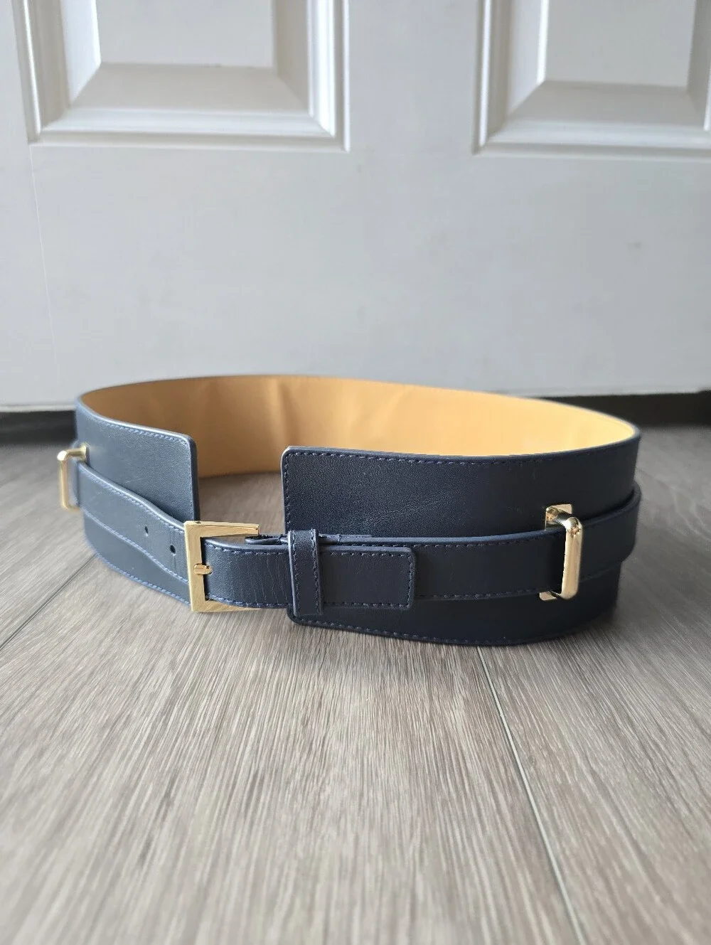 Worth New York Navy Genuine Leather Wide Waist Belt Skinny Belt Gold Buckle Set